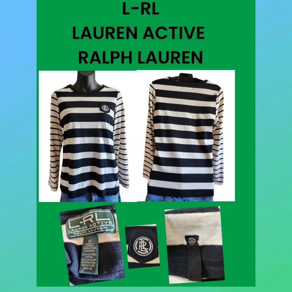 L- RL LAUREN ACTIVE RALPH LAUREN BLACK & WHITE STRIPE TOP SIZE M